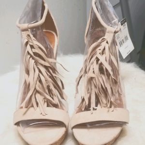 Taupe Suede Fringe Open Toe Wedge Heels